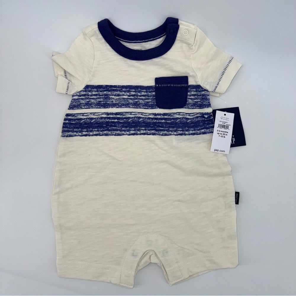 Baby Gap Striped Pocket Baby Romper in Blue and Cream New!